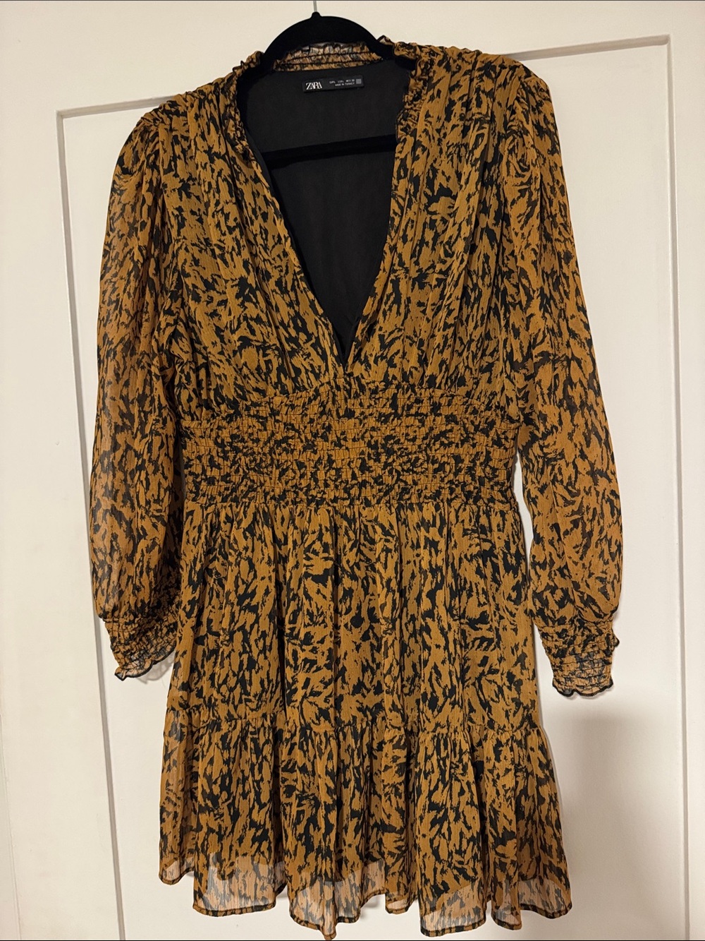 Zara Mustard and Black Print Smocked-Waist Long Sleeve Dress
